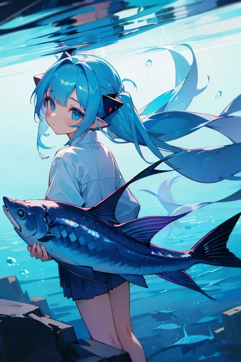 girl girl twin tail light blue hair long twin tail deep sea fish blue sea deep top quality, 