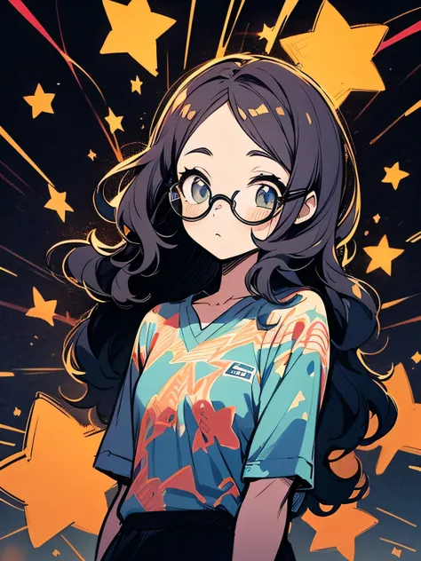 solo, upperbody, (looking away:1.3),stylish glasses, cheeks,black velvet wavy hair,parted bangs:1.3,(complex and detailed monotone pattern:1.3 full detailed Camouflage geometric print v-neck tshirt), black mini skirt, clear night starry sky, square magical...