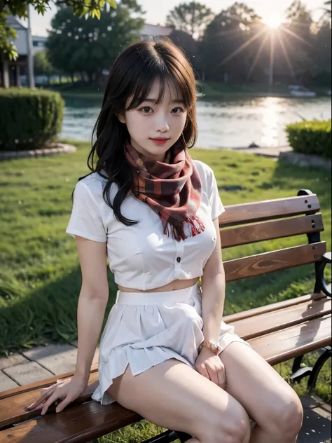 top-quality、8k photos、 At the park where the sunset shines  、  high school girl sitting on a bench、  cute beautiful girl at church 、  I can see my white panties  、 red blouse and scarf  、 miniskirt、 sitting on a chair 、Slender body、 Normal Breasts、 toned l...