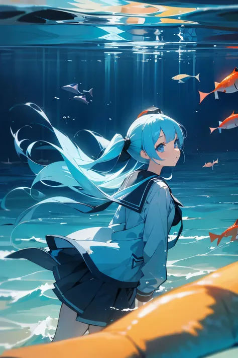 girl girl twin tail light blue hair long twin tail deep sea fish blue sea deep top quality, sinking fantastic fantastic sea beautiful hair