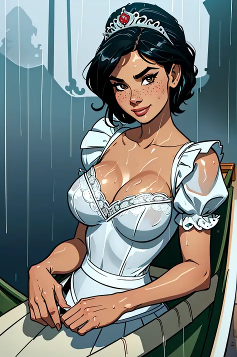 ( Absurd, porn movie , ultra detailed, watch out for your hand ) close up of a slim, athletic woman, 25 years, 8k (( high definition )), mysterious smile closer to , seductive look, brown eyes, nose fine, wearing a white royal dress (( lacy canoe nec...
