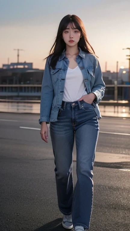 cinematic lighting, masterpiece, UHD, anatomically correct, textured skin, super detail, high quality, award winning, highres, 16k, 8k, full body shot, a young korean woman, age 25, baby face, medium breast, ((Shirt Jacket with Jeans)), proud pose, neutral...