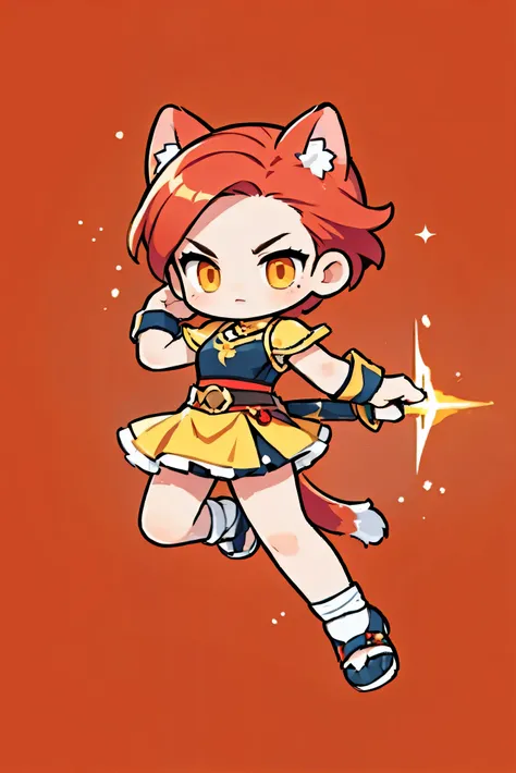 Costume color red and yellow,   short hair ,   cat ears ,    Cute Female Warrior Style  ,   European RPG Warriors   ,   Greek Style Outfits , Natural background.   red hair,   Full Body Protection   ,  Orange eyes ,  Stylish Poses  ,  half side ,  dynamic ...