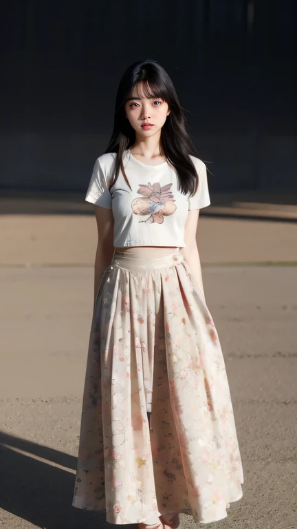 cinematic lighting, masterpiece, UHD, anatomically correct, textured skin, super detail, high quality, award winning, highres, 16k, 8k, full body shot, a young korean woman, age 25, baby face, medium breast, ((Floral Maxi Skirt with a Knotted Tee)), proud ...