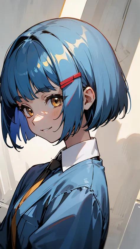  1 Girl 、Closeup of 1 person 、Blue clothes、 Shiny Dark Blue Hair、 bob cut from the front、Tie your hair with a hair clip、 Beautiful Brown Eyes 、wicked smile、joy、From the side、 upper body lying on sofa