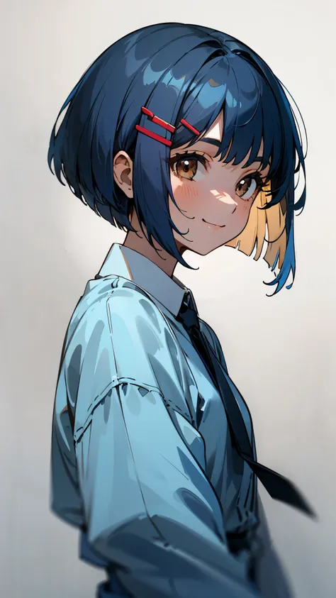  1 Girl 、Closeup of 1 person 、Blue clothes、 Shiny Dark Blue Hair、 bob cut from the front、Tie your hair with a hair clip、 Beautiful Brown Eyes 、wicked smile、joy、From the side、 Upper Body Closeup 