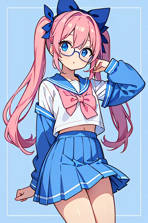 Cute anime character with long pink pigtails and blue bows, dressed in a blue and white sailor-style school uniform. She wears round glasses and has a neutral expression. The background is decorated with a light blue color and ice cream cone motifs