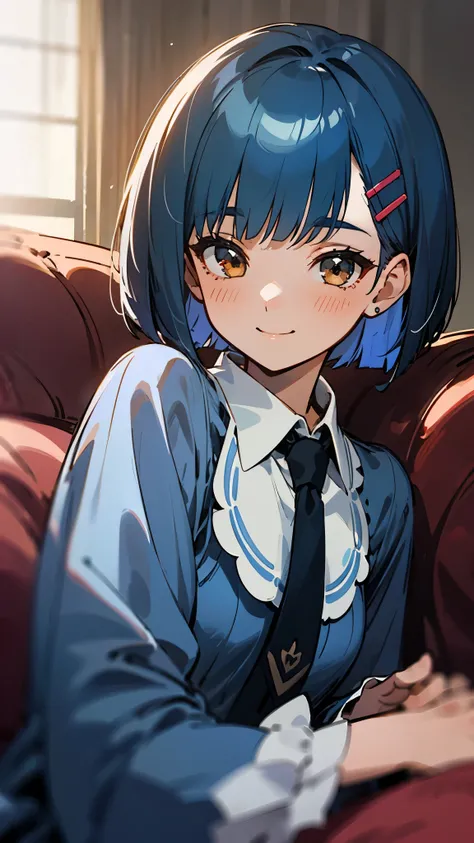  1 Girl 、Closeup of 1 person 、Blue clothes、 Shiny Dark Blue Hair、 bob cut from the front、Tie your hair with a hair clip、 Beautiful Brown Eyes 、wicked smile、joy、 Upper Body Closeup 