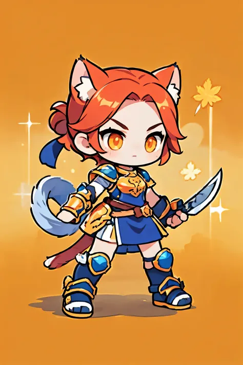 cute female warrior style  ,   european rpg warriors   , golden iron armor ,  natural background.   red hair,  tied hair , cat e...