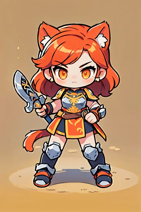 cute female warrior style  ,  european rpg warriors  , golden iron armor , natural background.  red hair,  tied hair , cat ears,...