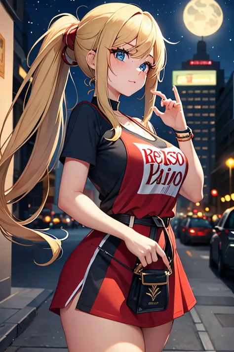 Young woman, age 22, long side bangs, long flowing ponytail, dark blue eyes, blonde with red highlights on hair, red stripes on hair, Y2K Revival outfit, thick eyelashes, Blusa baby tee, ultra detailed face, idol, mini saia plissada, presilhas no cabelo, b...