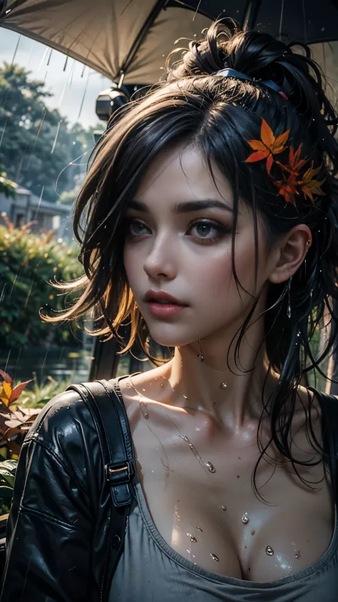 1 YOUNG GIRL, pale skin, vista  close,  blushed, face photo, ((autumnal girl , Naturist)), (((Clothes colors of autumn wet by the rain ))), (((The face is turning))),  drops of autumn dew caress her face , ((fit)), (( big breasts)), ((wet clothes, neckline...