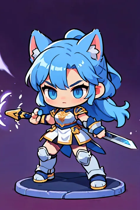 cute female warrior style ,  european rpg warriors  , purple iron armor, natural background.  blue hair ,  tied hair , cat ears,...