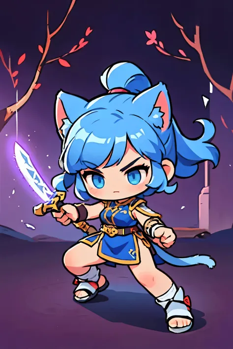 cute female warrior style ,  european rpg warriors  , purple iron armor, natural background.  blue hair ,  tied hair , cat ears,...