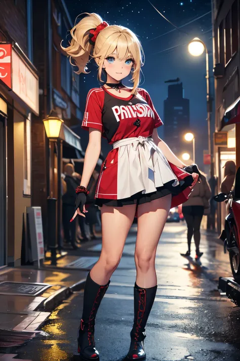 Young woman, age 22, long side bangs, long flowing ponytail, dark blue eyes, blonde with red highlights on hair, red stripes on hair, Y2K Revival outfit, thick eyelashes, Blusa baby tee, ultra detailed face, idol, pop idol, mini saia plissada, presilhas no...