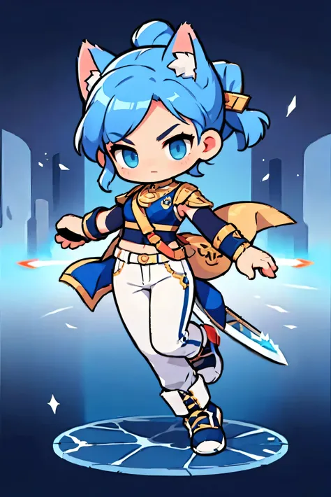 cute female warrior style ,  blue hair ,  tied hair , cat ears, egyptian style combat uniform costume, baggy white pants, boots,...