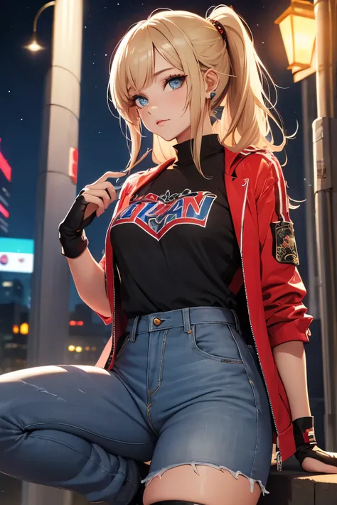 Young woman, age 22, long side bangs, long flowing ponytail, dark blue eyes, blonde with red highlights on hair, red stripes on hair, Y2K Revival outfit, thick eyelashes, Blusa baby tee, ultra detailed face, idol, pop idol, mini saia plissada, presilhas no...