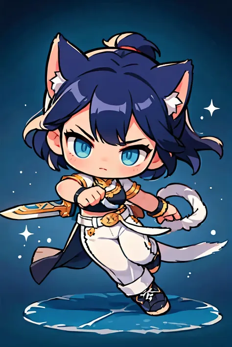 cute female warrior style ,  black hair ,  tied hair , cat ears, egyptian style combat uniform costume, baggy white pants, boots...