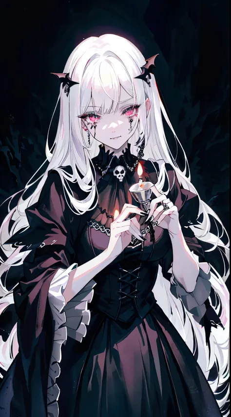 （tmasterpiece，best qualtiy）， solo，a white-haired woman holds a candle，anime skull portrait woman,beautiful necromancer girl，beau...