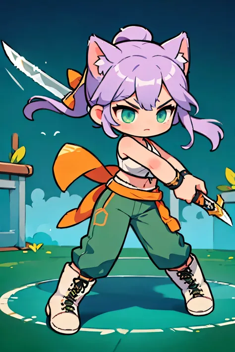 cute female warrior style , colored hair ,  tied hair , cat ears,  indian style combat uniform costume,  loose green pants , boo...