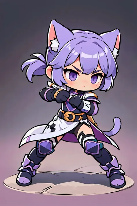 female warrior style  ,  silver full body iron armor, natural background.  purple hair,  tied hair , cat ears, black eyes ,  sty...