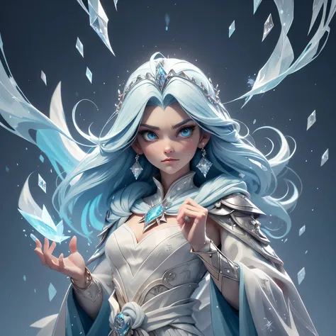 interior ( Fresh and Organized )
appearance: A tall character , of cold tones,  with a majestic and mystical air .  She wears an elegant outfit that combines sharp and ethereal lines ,  remembering an ice crystal under the light . On his torso,  a design t...