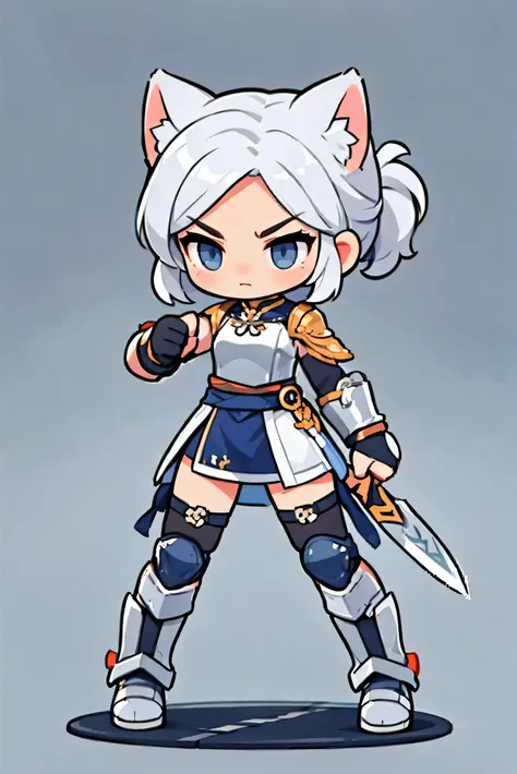 female warrior style  ,  medieval silver full body iron armor, natural background.  white hair,  tied hair , cat ears, black eye...