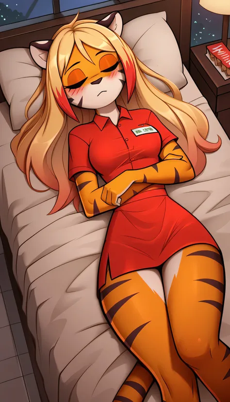 masterpiece, best quality, seductive expression, 1girl, anthro, furry, fur, fluffy fur, tiger girl, furry, tiger ears, animal nose, eyes makeup, closed eyes, tiger tail, red hair (blonde Highlights) long hair, straight hair, half-closed eyes, petite breast...