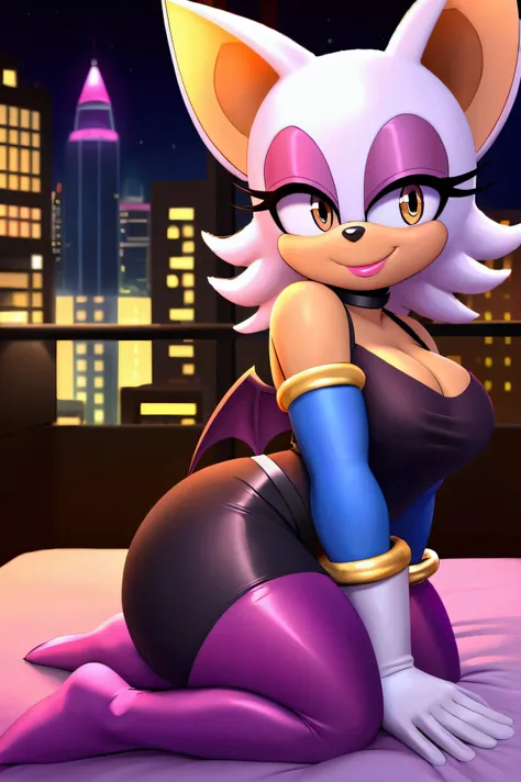 rouge the bat ,, , sitting on her knees facing forward ,in bed, looking at the spectator,in the background the city at night ,,l...