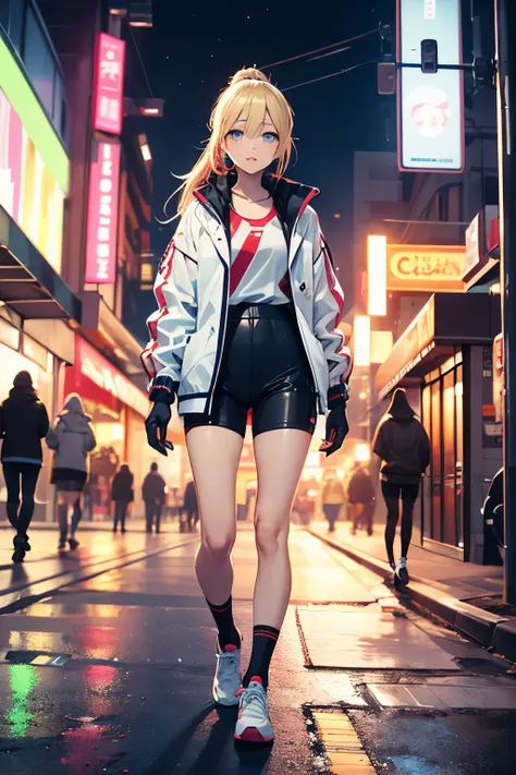 Young woman, age 22, long side bangs, long flowing ponytail, dark blue eyes, blonde with red highlights on hair, red stripes on hair, Set of top and biker shorts in pastel or neon tones.
Oversized windbreaker jacket,
White sports shoes with high socks,  st...