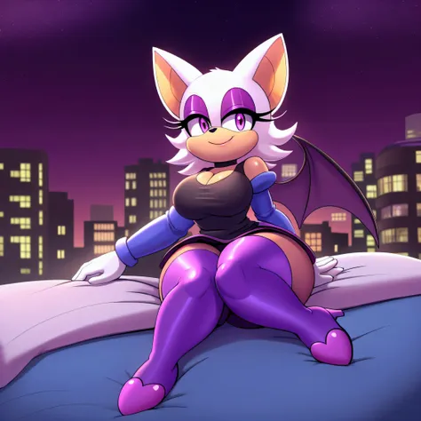 rouge the bat ,, , sitting on her knees facing forward ,in bed, looking at the spectator,in the background the city at night ,,l...