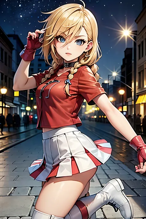 Young woman, age 22, long side bangs, messy hair , long flowing hair, dark blue eyes, braids, blonde with red highlights on hair, ultra lots red stripes on hair, Y2K Revival outfit, thick eyelashes, Baby tee blouse, ultra detailed face, idol, pop idol, ple...