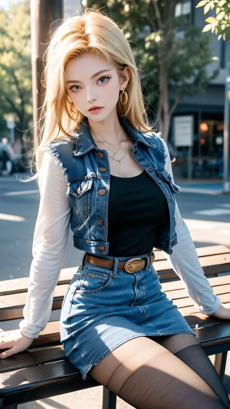 One girl,  Android 18, Blonde,  pretty and sexy girl, She wearing light blonde hair, Medium length shaggy cut hair, She have Very large breasts bouncing, Wearing a very short blue H-line denim skirt, Wearing a medium size of denim vest, The denim skirt and...