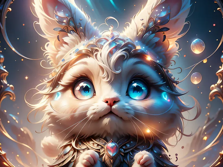 Magical Fantasy Creature, (Best Quality, Masterpiece, Representative Work, Official Art, Professional, Ultra Fine Detail, 8k:1.3), (Photorealism:1.2), Rabbit Spirit, Super Cute, Big Eyes, Soft, Delicate Nose, Fluffy, Double-Toothed Smile, Cute White Rabbit...