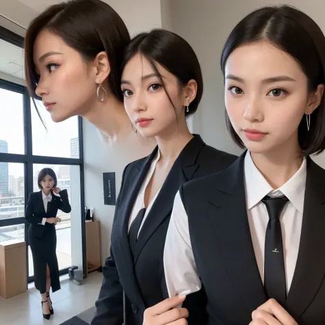 (masterpiece,   best quality:1.2), 1 female:1.0, Alone:1. 0 office workers :1.3,  elegant :1.2,   Shorthair :1.2,   black hair :1.1,  serious expressions:1.3,  white shirt:1.3, High collar :1.3, Button Up  :1.4,  black suit jacket:1.1,  black pencil skirt:...