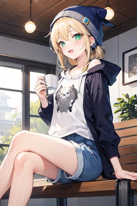 A girl with long, soft light blonde and hazel hair. She has light, soft green eyes and a slight blush. Her facial expression is surprised and excited. She is wearing a grey beanie, a white t-shirt with an anime girl graphic, and blue jean shorts. She has a...