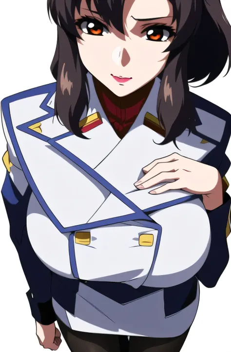                   simple background , White background,
military uniform, military,                  jacket,                  blue and white uniform , skirt,
(black_                  pantyhose            :1.3),
前hair,茶color_hair, length_hair,red eye,lipsti...