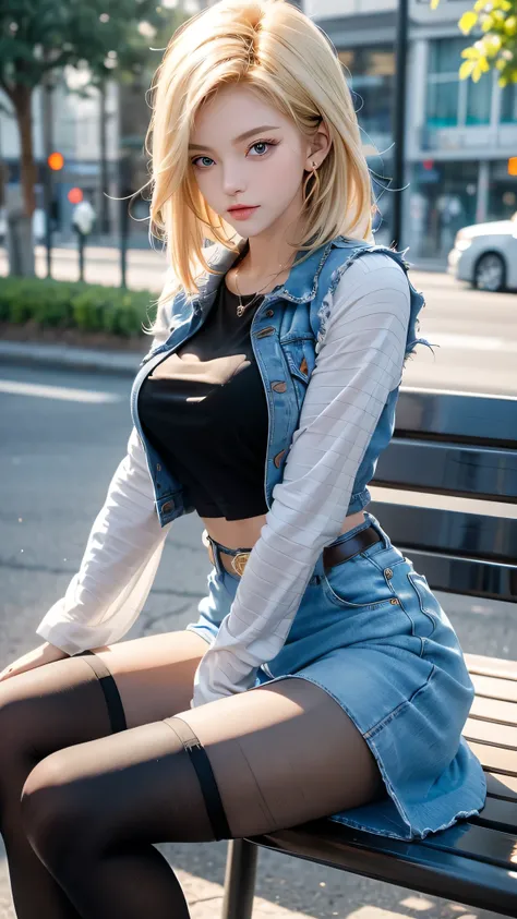 One girl,  Android 18, Blonde,  pretty and sexy girl, She wearing light blonde hair, Medium length shaggy cut hair, She have Very large breasts bouncing, Wearing a very short blue H-line denim skirt, Wearing a medium size of denim vest, The denim skirt and...