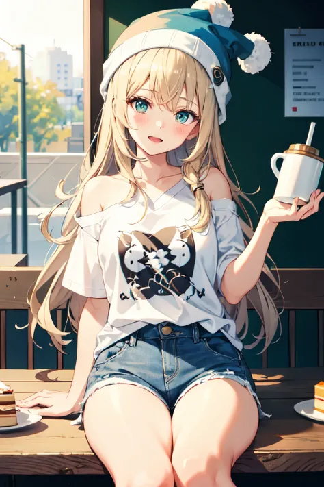 A girl with long, soft light blonde and hazel hair. She has light, soft green eyes and a slight blush. Her facial expression is surprised and excited. She is wearing a grey beanie, a white t-shirt with an anime girl graphic, and blue jean shorts. She has a...