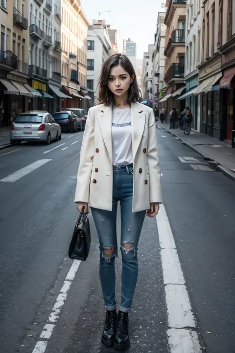 A woman stands in the street