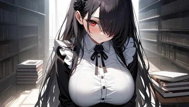 (masterpiece, Highest quality:1.2), (1girl), alone, ((long hair)), ((black hair)), (straight hair), ((hair over face)), (hair over one eye), (hair over right eye), (black maid dress), white apron,long sleeves, (dark red eyes), (((big breast))), high detail...