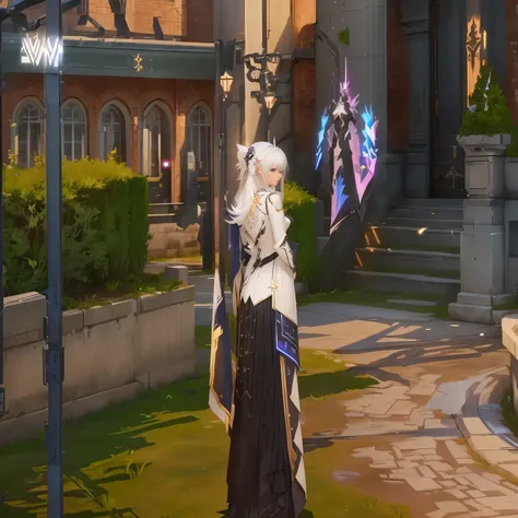 there is a woman in a dress standing in front of a building, ingame image, <mmorpgs scene, perfect white haired girl, lineage 2 revolution style, fashion gameplay screenshot, korean mmo, mmo, azur lane style, in game, in-game, in - game, aion, korean mmorp...