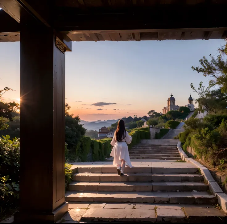 8K quality, Masterpiece,  bright artistic dusk lighting,  super real ,  high chroma, Ancient fortified city landscape pictures,  forest, High ground, (Back view on stairs :1.3), (Ass:1.2), White clothes