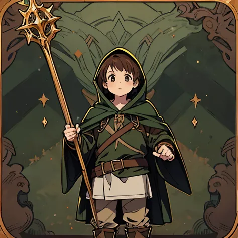  ((Halfling male)), (boy), druid, brown hair, expensive druid clothing, wearing hood, color mood brown darkgreen darkbrown, wood staff, magic forest background mood,