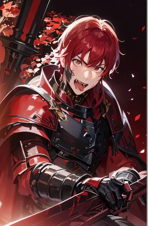 Warrior Man 、Extending a long tongue、Vulgar smile、Laughter、Angry eyebrows、Red Hair、 black armor、villain