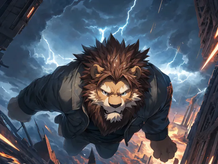 lion, brown fur, human nature, Falling, (In the process of falling), (Dropping), (Plummeting), (Tumbling down), frightened and scared, no electricity, exhausted, black shirt, jacket, Various facial details, very detailed, dynamic poses, Eyes details, high ...