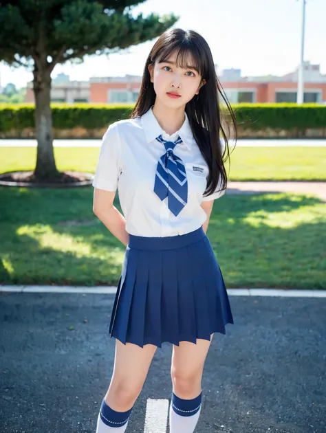 女の子1 person、(8k、 RAW Photos、 best quality、 High Quality、 masterpiece:1.2)、( real、 real)、1 person、 long hair with dark brown hair、(Y shirt with white collar 、 Blue Check Mini Short Skirt:1,2)tie、Breast enlargement、Thin legs、(Loose fitting socks、 wearing loo...