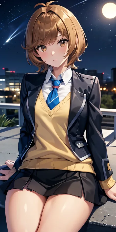 1 Female,High definition,high resolution,Ultra-realistic,8K, hmza, short hair, antenna hair, brown eyes, school uniform,( blue necktie), (yellow shirt),(black jacket), long sleeves, black skirt,tight skirt , ((miniskirt)),European,sexy,Upper body close-up,...