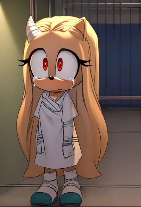 eri, long hair, (red eyes:1.5), white fur, long hair, horns, (small horn), (single horn), female, Female hedgehog, mobian, Eri as a mobian hedgehog, short sleeves, hospital gown, bandages, bandaged arms, solo, basement, crying, innocent eyes
