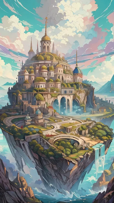 illustration of a domed palace with mountains, villages, Meadows, cascadas,  on a floating island of large terrain , a kingdom in the sky , entre las clouds, medieval fantastic architecture , white, clouds, marble bridges ,  trees on other small islands ar...